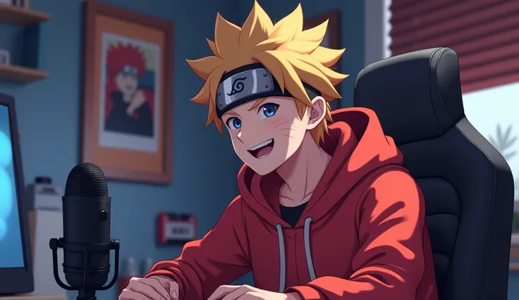 Create a anime boy who have a  mature looking like a man facing in front  he is a  YouTube content creator, sitting in his studio with futuristic gadgets, and there is mic near him ,wearing red hoodie, smiling, and there is 2 posters of naruto in his room