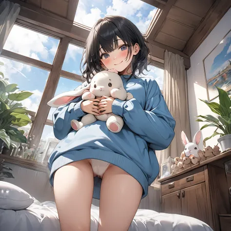  one high school girl、smile、 closes her mouth、blush、Short black hair( small tits;1.5)、Light Blue Oversized Sweatshirt、Thighs、Moe sleeves、 bed, holds rabbits 、 stuffed toy,Houseplants、Blue sky from the window、From below、whole body、( perfect anatomy ),( best...