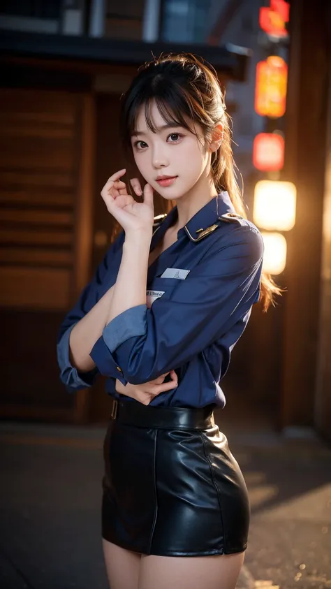 An innocent 20-year-old girl、((Japanese Police Officer, Sexy police uniform, skirt, Cute and elegant, Dramatic Pose)),smile,Night city background,shortcut、RAW Photos, (8k、Highest quality、masterpiece:1.2)、(Intricate details:1.4)、(Photorealistic:1.4)、Octane ...