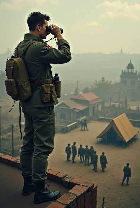  a young man who, with binoculars, looks from above a roof at a small military camp with a tent that is located below.