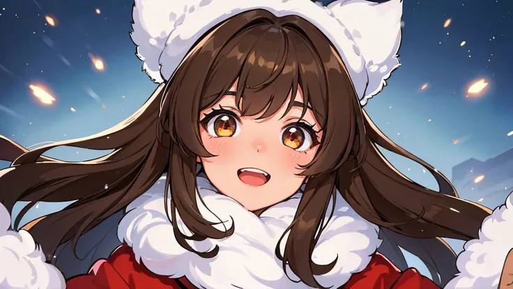 (Best Picture Quality,4k,8k,Hi-Res,Masterpiece:1.2), Ultra-Detailed, (Deformed,Photo Realistic,Photorealistic:1. 3), One Girl, Middle School, Kawaii, Cute, , Fluffy Brown Hair, Glowing Eyes, Winking, Smiling, Open Mouth, Very Cold Fluffy white fur scarf, f...