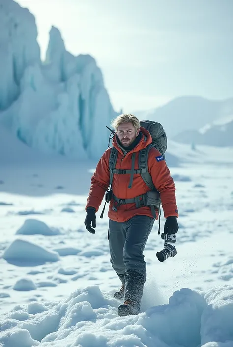 Tall blond man , on the ice,  in Antarctica ,  with warm clothes ,  equipped with your expedition backpack, with a camera , You slip ,  you drop your camera 