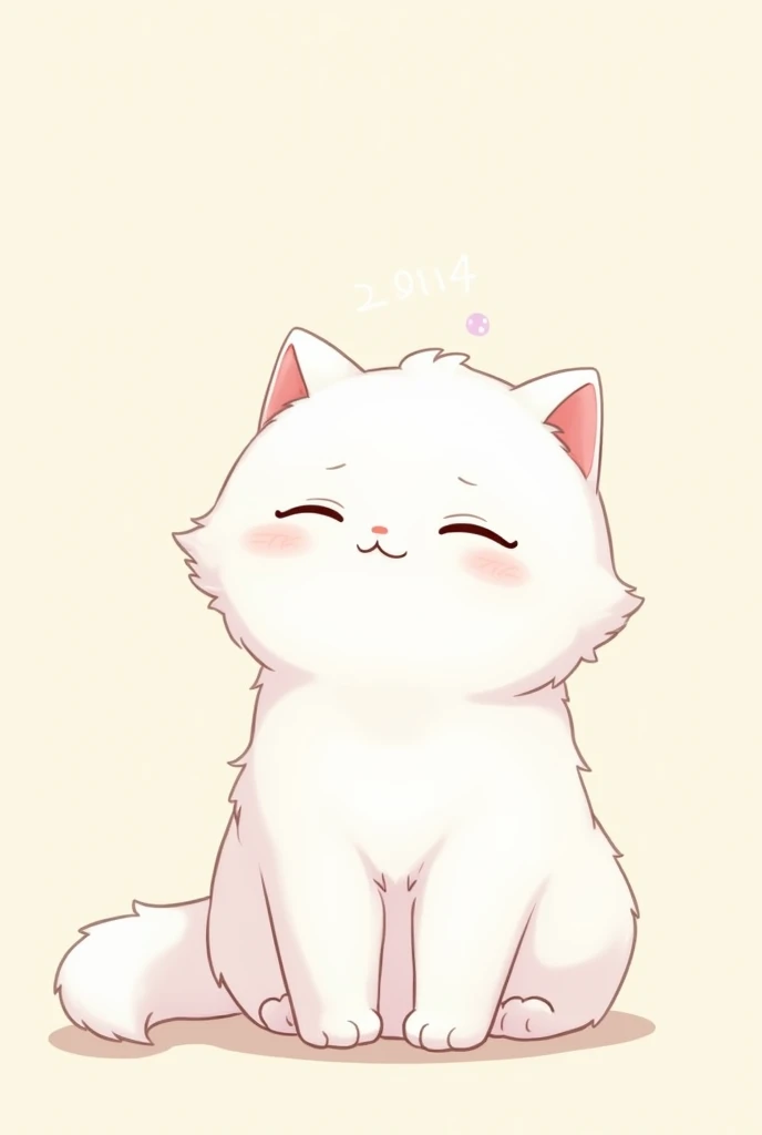 Anime drawings　White cat　Soft and fluffy　sit　Sweat on the forehead