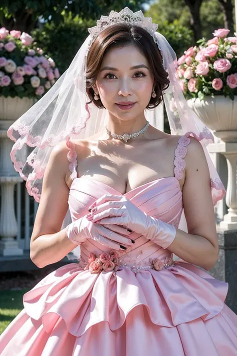 ((Masterpiece)), ((Best Quality)), A middle-aged short-hair woman, (((She is wearing a pink wedding dress))), in a garden, white gloves on her hands, Asian, dark eyes, white veil, 