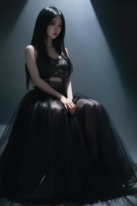 UHD, 8k, ultra detailed, an Asian girl ， a cinematic photograph of Dark Fantasy Art, a girl with Tulle skirt,making eye contact,  moody, dark fantasy style, beautiful lighting, great composition