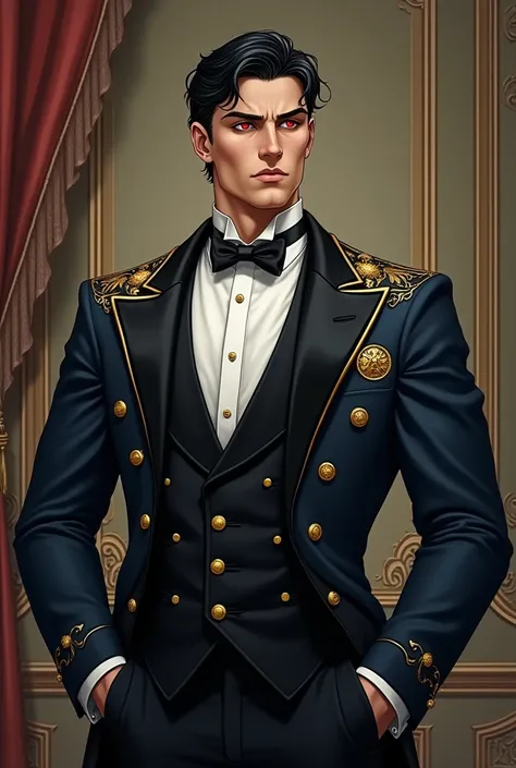 (Manhwa artstyle with realism look) a tall athletic man wearing a black mixed with dark blue and gold accent on his full suit. As his look in victorian era aswell a high class noble. He has a black hair with a striking red eyes. He always has that cold dem...