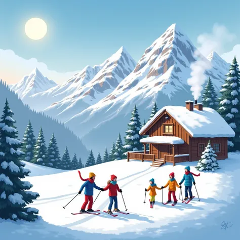 Generate a realistic and detailed image of a snowy landscape in Val dAyas, featuring majestic snow-covered mountains and a cozy, well-maintained wooden house with smoke gently rising from its chimney. In the foreground, depict a happy family enjoying a day...