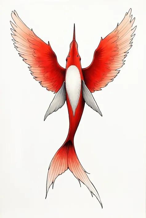  ink style，Whales have bird wings，Clear details，Elegant and agile，head is up， red