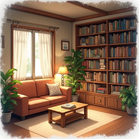 A dark small cozy apartment lounge-room with a brown sofa, full bookcase, coffee table and soft warm lighting coming from lamps. Anime landscape style in watercolor.