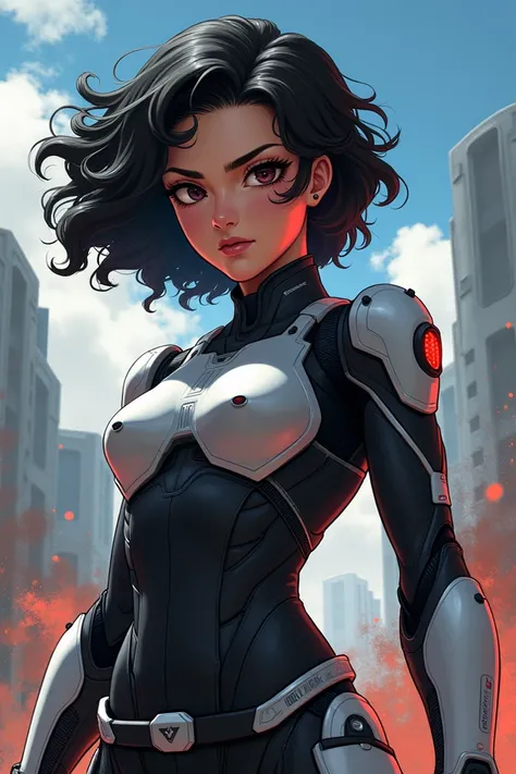 create a woman ,  with eye scar, short black curly hair, and battle suit ,in anime style