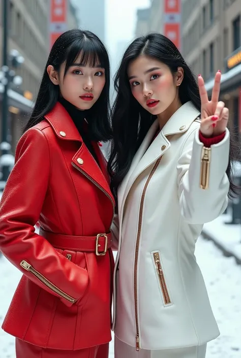 A beautiful Asian woman wearing a bright red rider jacket and winter fashion posing and 、A beautiful Western woman in a fighting pose wearing a pure white riders jacket and winter fashion is waving her hands and peace signs while looking at her with a smil...