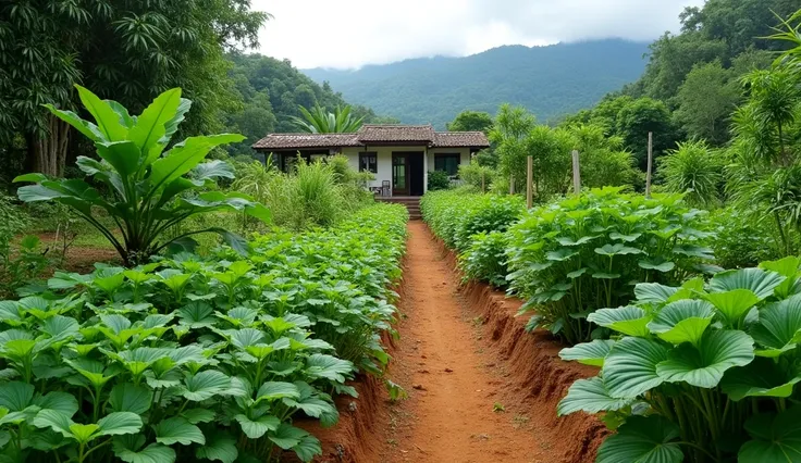 Vegetable garden for making baked shrimp with glass noodles, coriander, pepper plants, garlic, ginger, sugarcane plants, soybeans, green beans, sesame, sticky rice plants, wheat plants, onions, celery, chili plants, lime plants. The back is a mountain view...