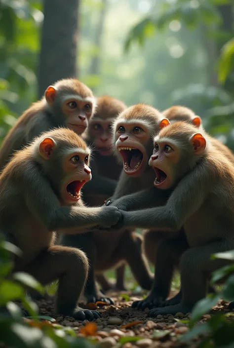 Panicked monkeys protect each other when they see the hunter

