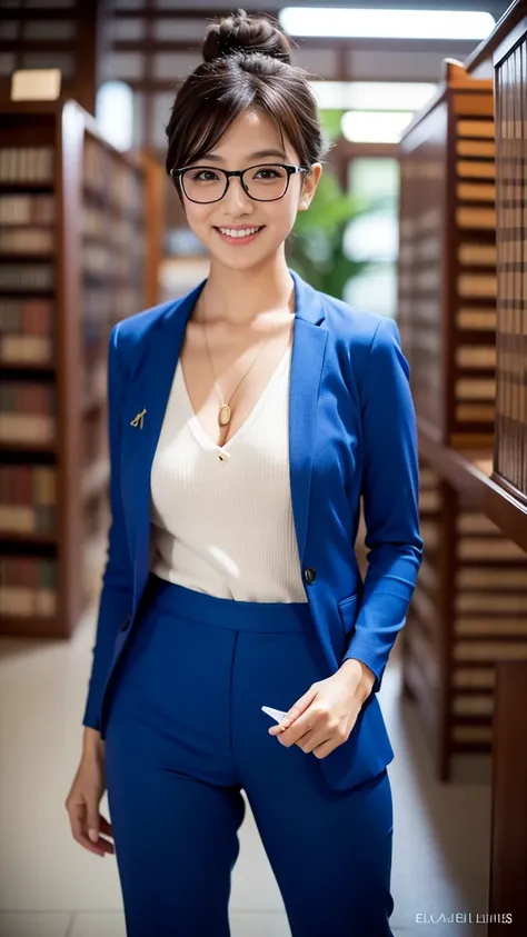 (8k, RAW photo, photorealistic, HQ, masterpiece), (whole body, full body), a cute Japanese girl,(glowing eyes), 
(happy laugh), brown hair, fluffy Pixie Bob hair,large breasts, Rimless Glasses , (low chignon:1.4), (Elegantly colored Female librarian suit :...