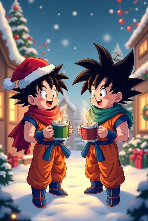 Make a Christmas background image with a character of Goku and a cheerful begueta