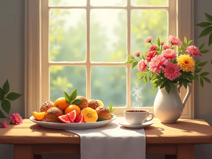 A small cup of coffee is placed on the right side of the table, with a plate of fruit, a vase of flowers, and pastries next to the window.