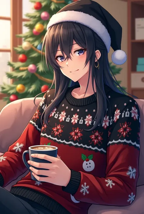 A trans man he has long black hair gray-blue eyes a female face he has a black and white Santa hat on his head a Christmas sweater with Christmas motifs on it he is sitting on the couch has a cup of hot chocolate in his hand the living room is decorated fo...