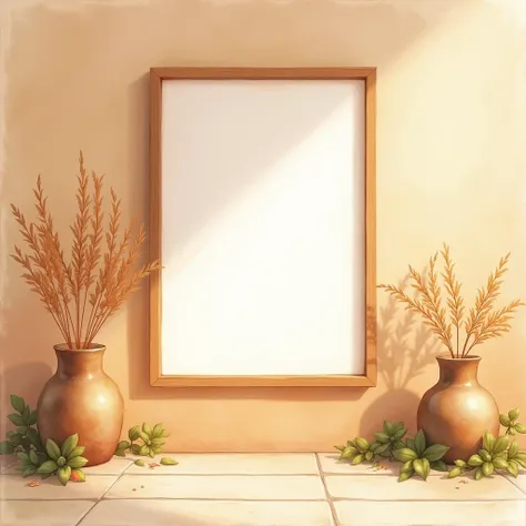 An empty warm brown frame on a nutural brown wall. Anime landscape style in watercolor.