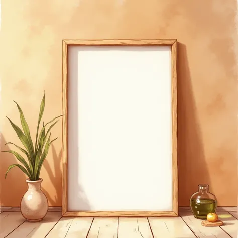 An empty warm brown frame on a nutural brown wall. Anime landscape style in watercolor.