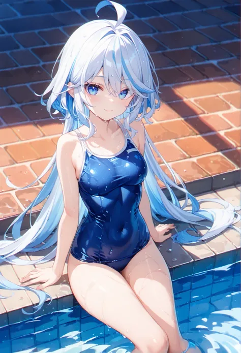 a very good looking girl painted with blue and white hair sitting on brick wall by a large pool of water, 1girl, solo, swimsuit, smile, multicolored hair, blue hair, one-piece swimsuit, sitting, blue eyes, breasts,school swimsuit, wet, looking at viewer, w...