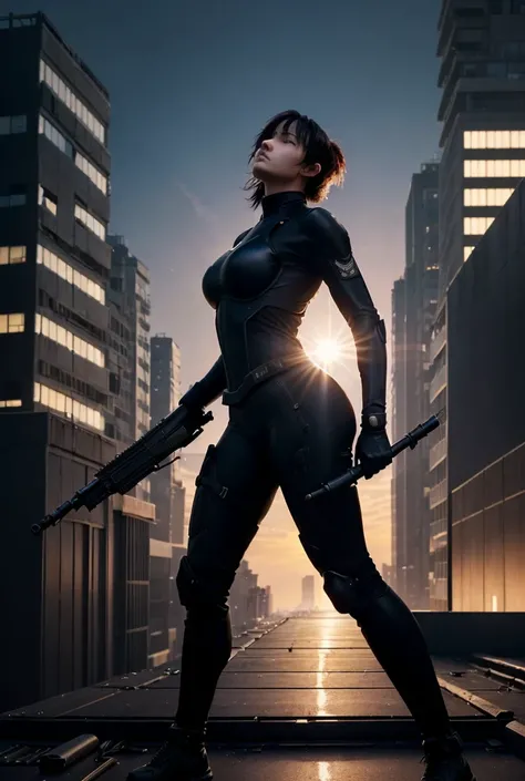 (mastrepiece:1.2,best quality,ultra detailed,powerful backlight:1.3,silhouette:1.45),, , //character, 1 solo Female  mercenary,Ghost in the Shell kusanagi motoko,One eye glowing red:1.2,Facial expression Murderous look,Looking down on the city.black lether...