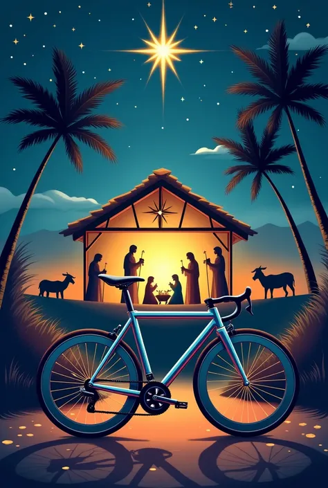 Create an advertising poster with a bicycle and a nativity scene
