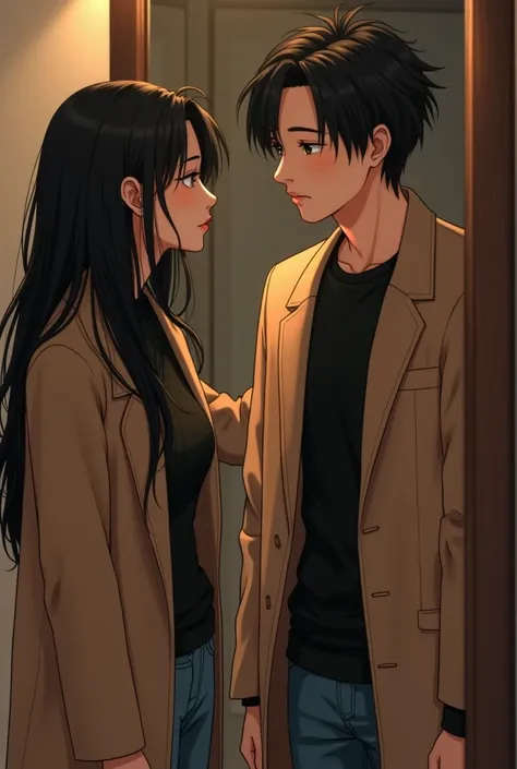  Simpson a couple photo looking in the mirror the woman with long black hair has a beige coat and underneath I wear jean, The man with normal hair  ,  beige coat and black bust 