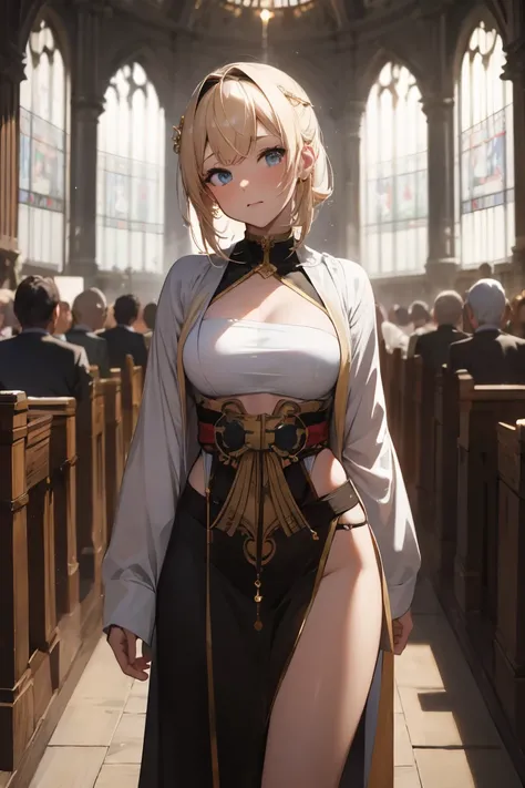 NSFW,masterpiece, best quality, high definition , very detailed,Kazama Iroha、Dancer,Arabian Costume, fantasy standing in a church,Luxurious building, Adventurers Guild, reception counter