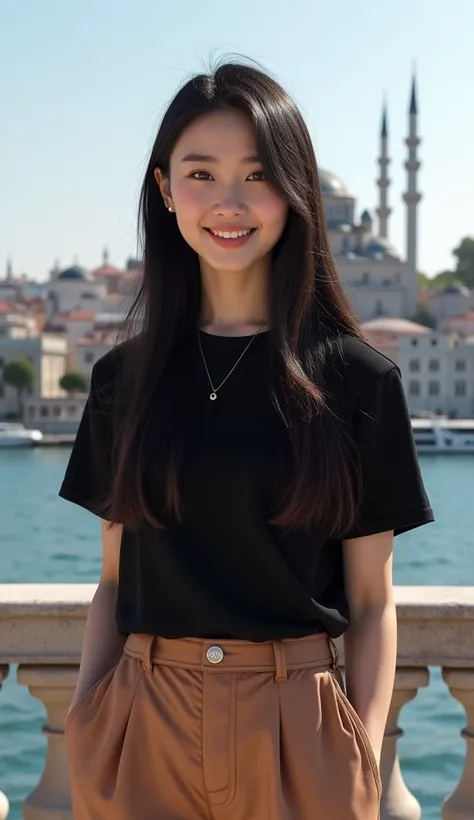 Photografi profesional a woman korea beautifull blackist-pink long hair, wearing black t-shirt pose: standing, wearing pastel colored unique g gen Z modern wear, BACKGROUND: Lived between Europe and Asia in Istanbul, with its ancient mosques, bustling baza...