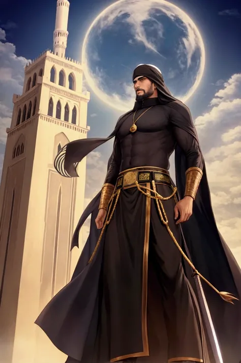  Umar bin Khattab :
A tall and firm figure ,  with a sword at his side ,  stands in the middle of the city of Medina with the Nabawi mosque in the background.