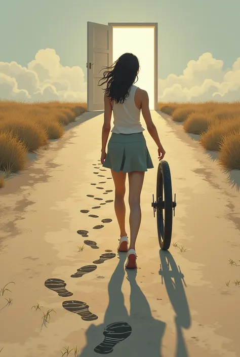 Footprints of a young woman with a wheel walking on a road reaching a goal where you can see an open door 

