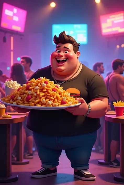 A plump, likable cartoon character in a nightclub,  carrying a giant plate of nachos , Popcorn and chips .  He is surrounded by tall tables with more snacks ,  and wears a t-shirt with the logo of a hamburger .  Neon lights flash behind him as he smiles an...