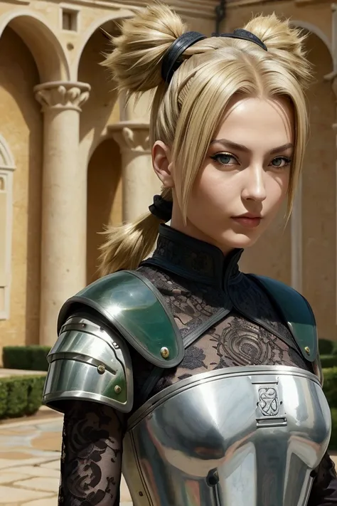 1 italian woman, break: blonde, dark green eyes, half up hairstyle with pigtails, temari reference, detailed face, tall , hot woman , strong body woman, armored, lace style, background in garden of castle
