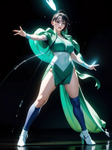   full body shot ,  very detailed,  costume was inspired by Gundam.、8k, Actual Photos, Impressive lighting,  Dynamic Action Pose , Great energy effect, The color of the green palette , Simple costume design, Advanced Technology, Heroic and powerful,  there...