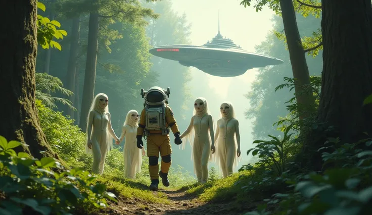  Forest full of trees and a man in ASTRONAUT clothing with aliens with a fair face holding his arm and behind him a spaceship 