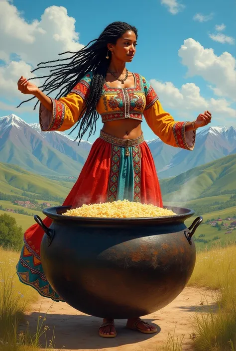 The painting depicts an Uzbek woman, about 20 years old, with dark skin and long, braided hair that falls loosely over her shoulders, creating a sense of lightness and grace. She is dressed in colorful traditional Uzbek clothing, decorated with intricate p...