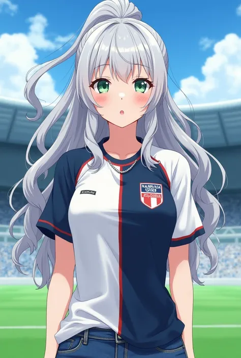 girl with long wavy silver hair tied in a high ponytail ,  pale green eyes , pale skin, curled eyelashes , wearing a two-color Japanese soccer jersey , one half white with blue edges from the Nankatsu team and the other half dark with white edges from the ...