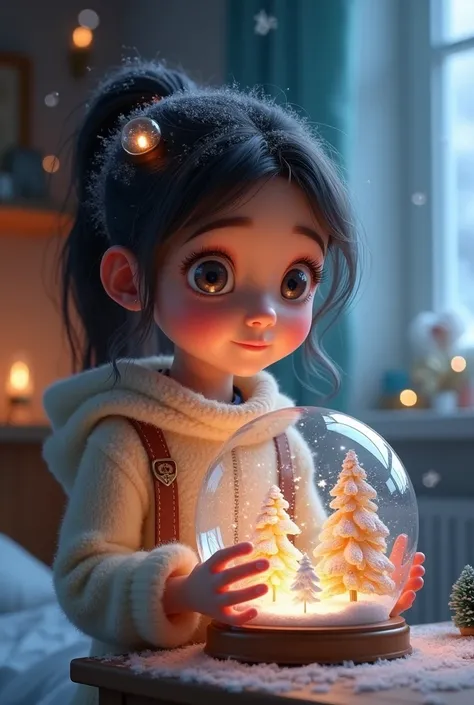 Image of anya holding a sparkling snow globe, looking intrigued