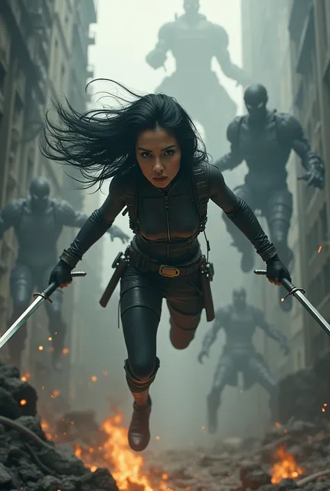 A fierce battle scene of a young woman with jet-black hair flying through the air using a grappling gear system, surrounded by towering humanoid giants in a post-apocalyptic city. She wears a fitted combat outfit with dual swords in her hands, slashing at ...