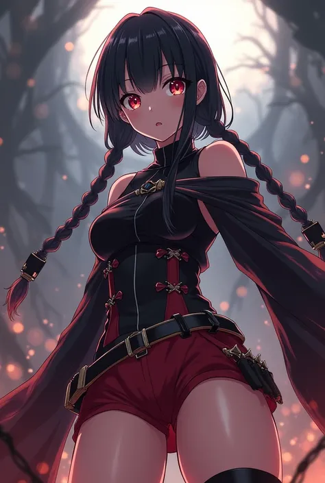 A 15-year-old demon hunter with long black hair with bangs up to half her eyes braided, straight eyes, cherry and brown, dressed in a modified demon hunter uniform with long sleeves, wide bare shoulders and short shorts, long legs with wide thighs, has a c...