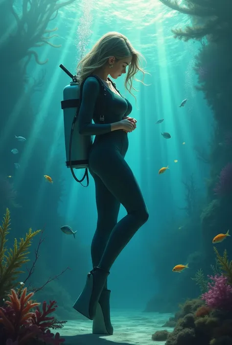 Sexy scuba diver fluffy young woman wearing tight wetsuit and scuba gear underwater touching  sensetional her pussy 