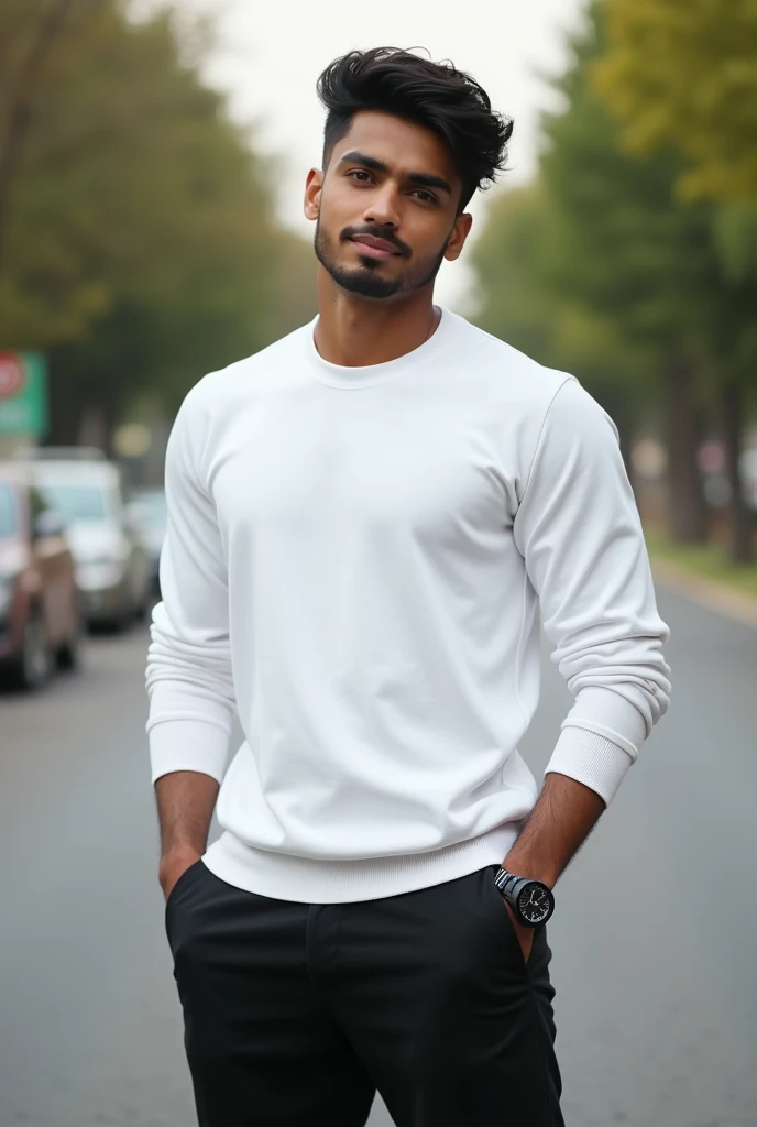 create a handsome 3D image of a 18 years old body builder man , stand on road with style full of greenry , wear white sweatshirt and black pant and clean shave face, silky hairs, write Abubakar in front of the shirt,