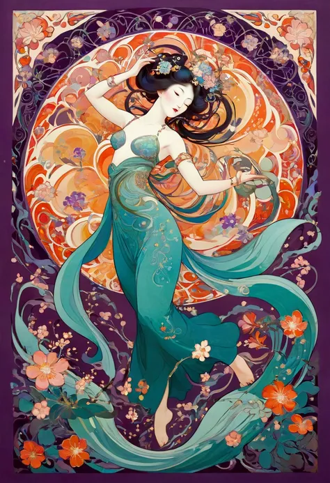 Hallucinatory, Tsuruta Ichiro Style Beauty Painting , Hypnotic Patterns , Abstract, Euphoric,  Fluid Shapes ,  jewelry, flower, Plants, plum, spring,  flat illustration .  Negative Space in the Shape of a Dancing Womans Body .  Japanese Mythology Goddess, ...