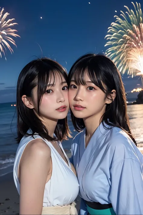 Japanese、Age 15、younger sister、Randomly generated people with diverse facial features and hairstyles々、Perfect Anatomy,Ocean、Beach、firework、Night Sky、firework、yukata,lerge breast, deep kiss,face to face