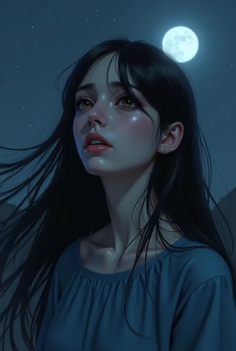 1girl, Long Hair, Black Hair, wearing blue shirt,crying,tear in her full pace looking in the moon