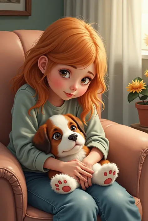 A picture of a tiny, cute St Bernard puppy with oversized paws and floppy ears sitting on the lap of a teenage girl with strawberry blonde hair while she sits in a chair, looking up with big eyes, thinking she’s small even though she’s already a giant. Pic...