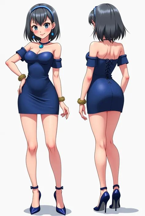  girl . anime. 27 years old. Short Blue Dress. dark grey hair.  big eyes .  Big chest and ass .  thin waist.  Full Height.  High blue heels .  Blue amulet necklace .  Blue sapphire earrings and gold bracelets. front and back view.Pink nails and lips . Open...