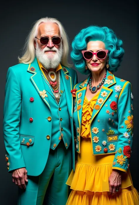 a striking couple of elderly individuals, both exuding a unique and vibrant sense of style. The man on the left is dressed in a bright turquoise suit adorned with various embellishments, including colorful buttons and jewelry that adds a playful touch to h...