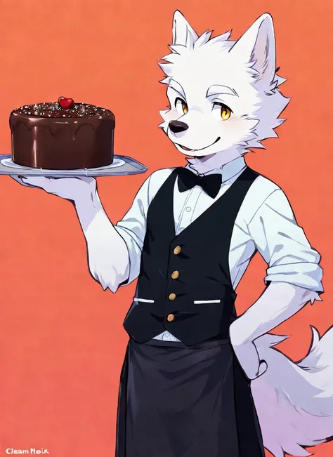 male, furry, 1boy, young wolf, handsome, sexy, sassy, white eyebrows, waiter, serving a chocolate cake BREAK high res, best quality, 8k, fancy, clear detail