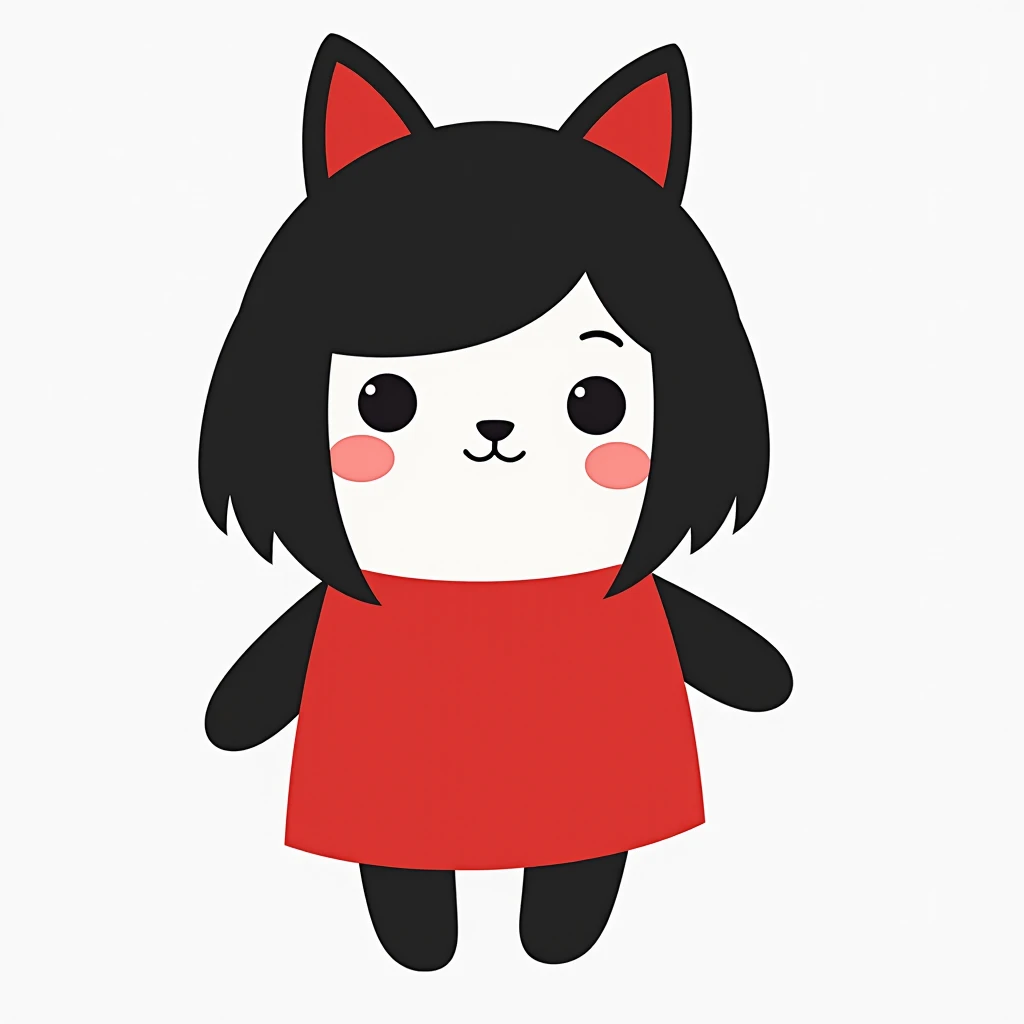 Create a stylized black, white and red doll with a funny and simple look. The doll must have minimalist features, economical expressions and be easily recognizable. No background elements. drawing format